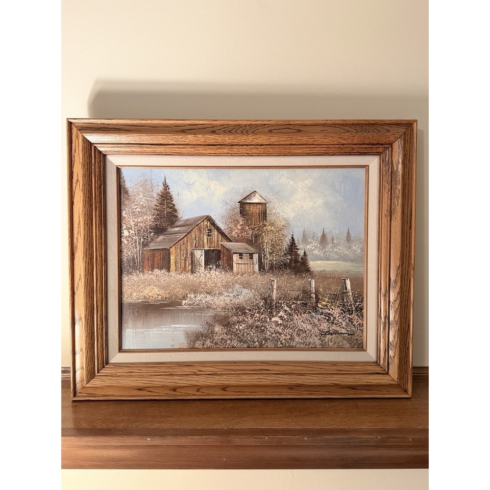 Clemann Signed Wood Framed Oil On Canvas Barn Landscape 16 x 21